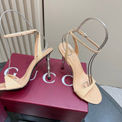 STRAP HIGH BAMBOO-EFFECT HEEL SANDAL IN BEIGE PATENT CALFSKIN