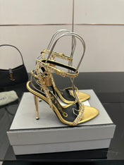 TOM FORD 26S HEELED SANDALS 100 MM IN METALLIC GOLD CALFSKIN