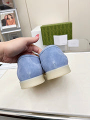 LOAFERS WITH SILVER HARDWARE IN CORNFLOWER BLUE SUEDE