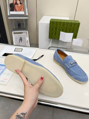 LOAFERS WITH SILVER HARDWARE IN CORNFLOWER BLUE SUEDE