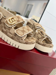 VELCRO STRAP SANDALS IN BEIGE AND DARK BROWN MONOGRAM CANVAS GOLD HARDWARE