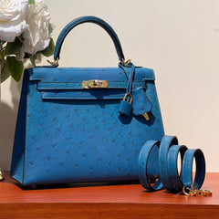 KELLY  SELLIER 25 BAG IN ROYAL BLUE OSTRICH LEATHER
