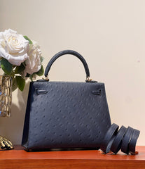 KELLY SELLIER 25 BAG IN PRUSSIAN BLUE OSTRICH LEATHER WITH GOLD HARDWARE