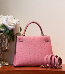 KELLY SELLIER 25 BAG IN SALMON PINK OSTRICH LEATHER WITH GOLD HARDWARE