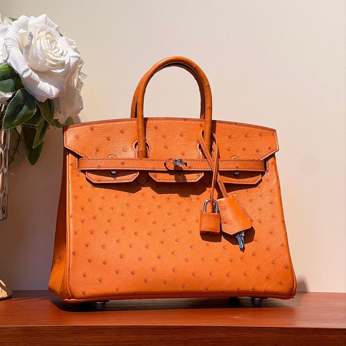 KELLY SELLIER 25 BAG IN FIRE ORANGE OSTRICH LEATHER WITH SILVER HARDWARE