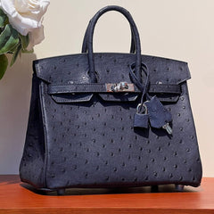 KELLY SELLIER 25 BAG IN SPACE BLUE OSTRICH LEATHER WITH SILVER HARDWARE