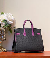 KELLY  SELLIER 25 BAG IN BLACK MIX ORCHID PURPLE OSTRICH LEATHER