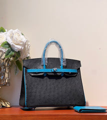 KELLY  SELLIER 25 BAG IN BLACK MIX OCEAN BLUE OSTRICH LEATHER