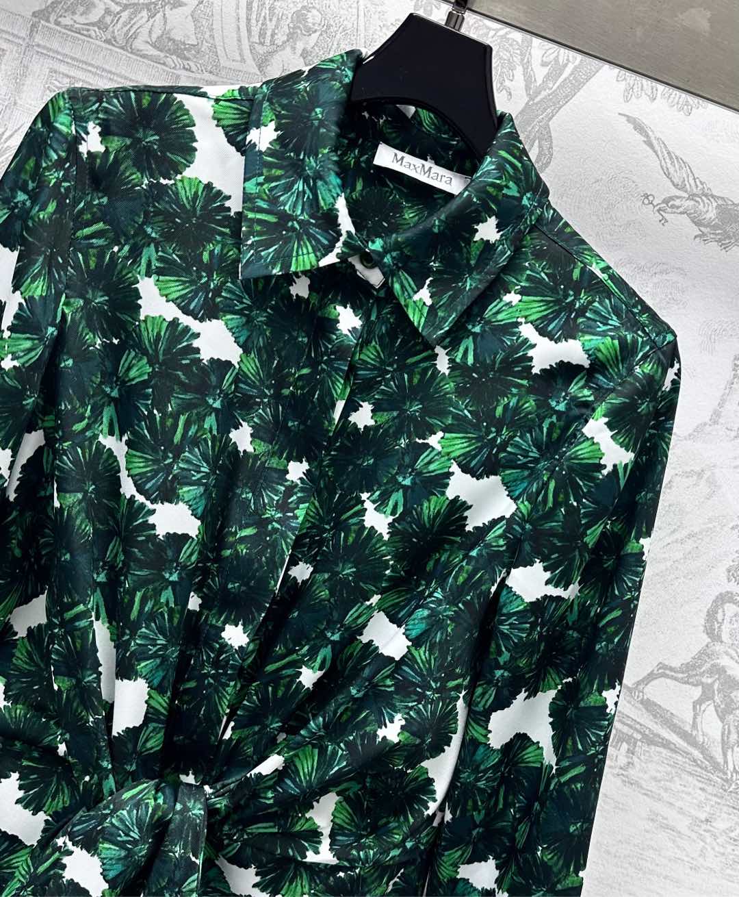 MAX MARA LONG-SLEEVE SHIRT DRESS WITH LEAF PRINT IN GREEN 267787