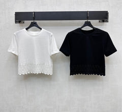 LV T-SHIRT WITH LACE-TRIMMED HEM