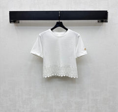 LV T-SHIRT WITH LACE-TRIMMED HEM