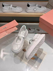MIUMIU 26S MARY JANE BALLERINAS IN WHITE AND GREEN CALFSKIN
