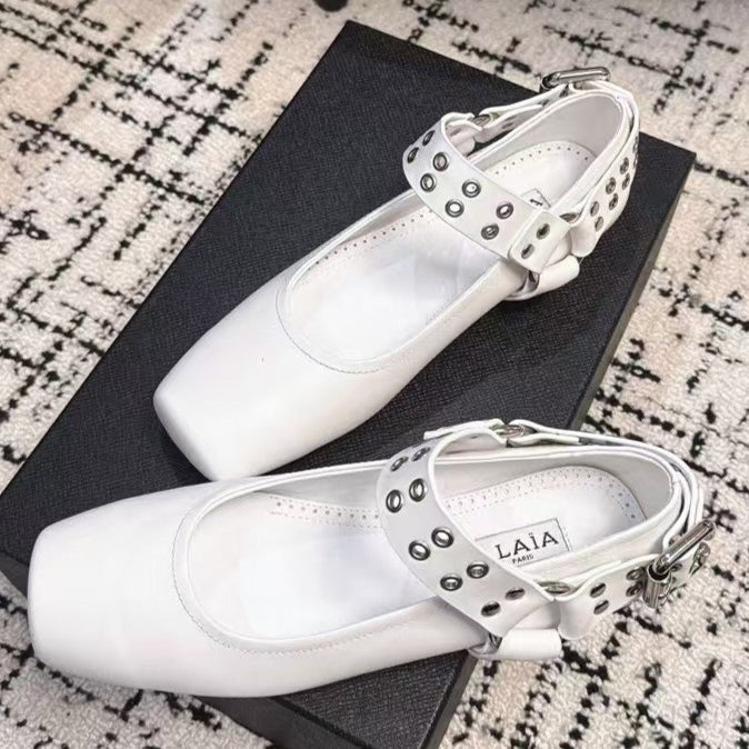 BIKER BALLET FLATS IN WHITE CALFSKIN
