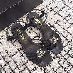 MID HEEL SANDALS IN BLACK LAMBSKIN