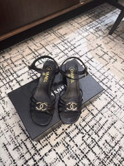 MID HEEL SANDALS IN BLACK LAMBSKIN