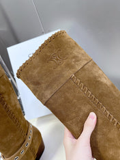 CELINE 25S BULKY LACED UP BOOTS 45MM IN BROWN SUEDE