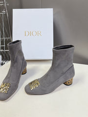 ICON HEELED ANKLE BOOT DOVE GRAY SUEDE 4 CM WITH GOLD LOGO
