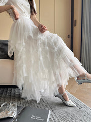 CC 25 Mesh Long Skirt White Polyester Fiber