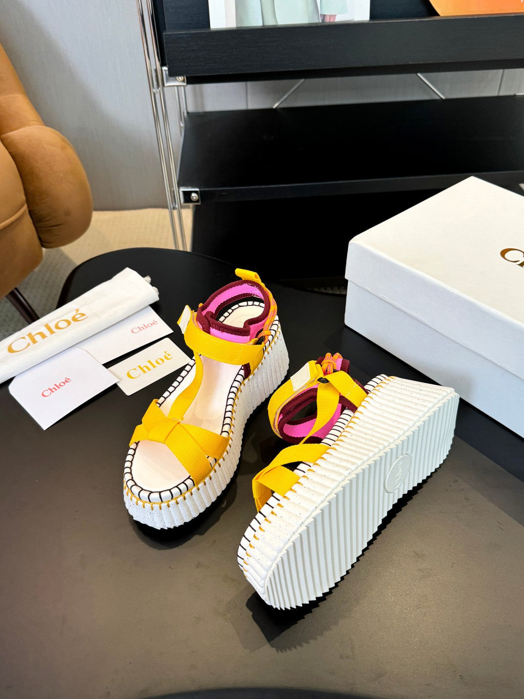 CHLOÉ NAMA WEDGE SANDALS IN BRIGHT YELLOW FABRIC AND WHITE RUBBER