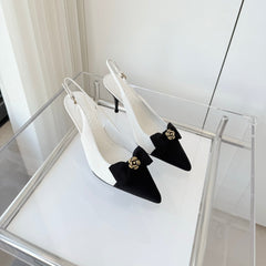 SLINGBACKS 80 MM IN WHITE CALFSKIN AND BLACK CANVAS