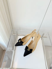 SLINGBACKS 80 MM IN BEIGE CALFSKIN AND BLACK CANVAS