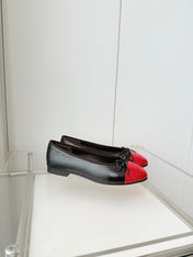 CHANEL 26S BALLET FLATS IN DARK BROWN CALFSKIN WITH RED PATENT TOE CAP & BOW