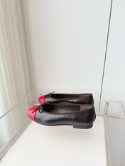 CHANEL 26S BALLET FLATS IN DARK BROWN CALFSKIN WITH RED PATENT TOE CAP & BOW