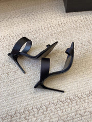 MARTHA POINTED OPEN-TOE HIGH MULES IN BLACK SILK