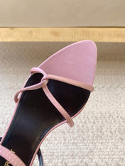 STRAPPY MID HEEL SANDALS IN PINK SILK