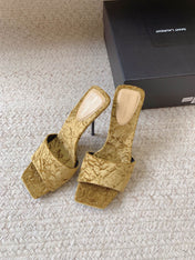 HIGH HEEL SLIDES IN SAND YELLOW VELVET