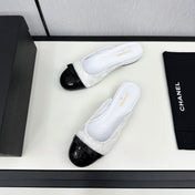 BOW MULE IN WHITE FABRIC AND BLACK CALFSKIN