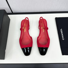 SLINGBACK ROSE RED TWEED AND BLACK CALFSKIN