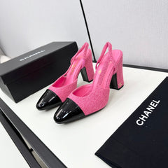 HIGH SLINGBACK BRIGHT PINK TWEED AND BLACK CALFSKIN