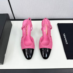 HIGH SLINGBACK BRIGHT PINK TWEED AND BLACK CALFSKIN