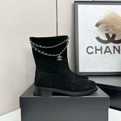 CHANEL 25S SHORT BOOTS IN BLACK SUEDE SILVER HARDWRE