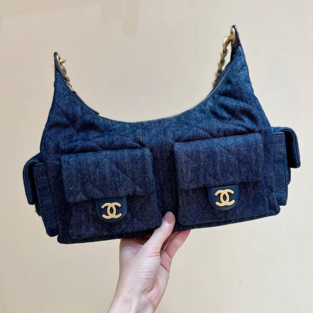 CHANEL 25S MEDIUM HOBO BAG 31 IN DARK BLUE DENIM GOLD HARDWARE