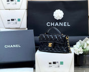 QUILTED FLAP BAG WITH HANDLE 20 IN BLACK LAMBSKIN GOLD PLATED METAL
