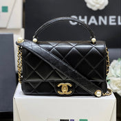 PEARL LIMITED EDITION FLAP BAG WITH HANDLE 20 IN BLACK LAMBSKIN