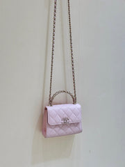 QUILTED MINI FLAP BAG WITH HANDLE 14 IN BABY PINK LAMBSKIN GOLD PLATED METAL