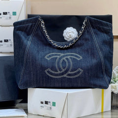 CHANEL 25S VINTEGA DENIM TOTE BAG 48 IN BLUE DENIM SILVER HARDWARE