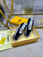 FENDI BAGUETTE LOAFERS IN NAVY BLUE MIX WHITE CANVAS GOLD HARDWARE