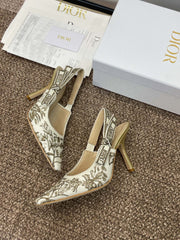 J'ADIOR HIGH SLINGBACK PUMP WHITE AND GOLD-TONE MILLEFIORI JACQUARD 95 MM