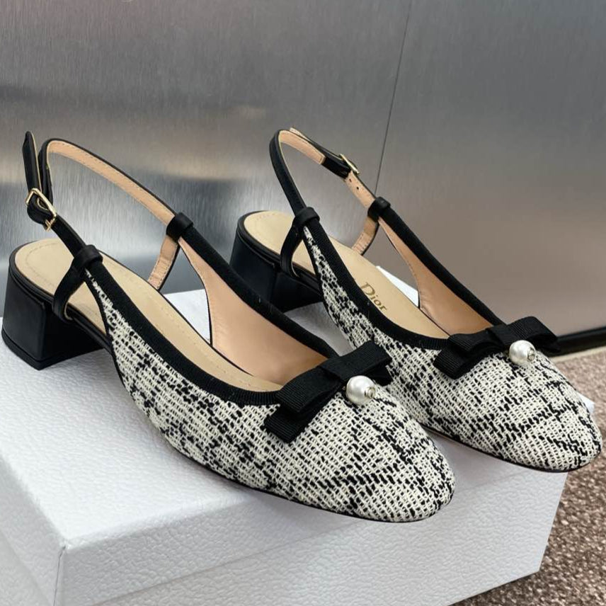 SLINGBACK PUMP IN WHITE MIX BLACK EMBROIDERED CANNAGE TWEED 35 MM