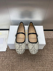 D-RAMOUR BALLET FLATS IN WHITE MIX BLACK EMBROIDERED CANNAGE TWEED