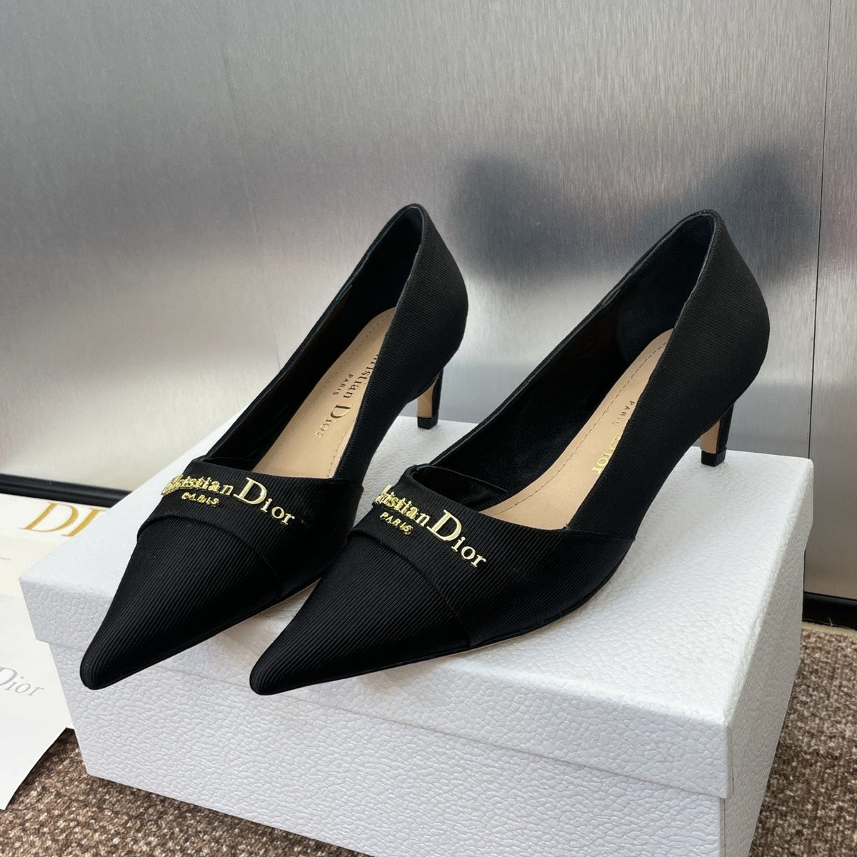 MY DD 25S HIGH HEEL 55MM IN BLACK FABRIC GOLD LOGO