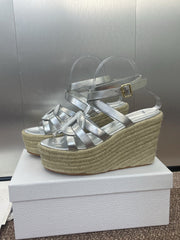 D-CLUB 25S HIGH HEEL WEDGE 100MM IN SILVER GLOSSY CALFSKIN RAFFIA SOLE