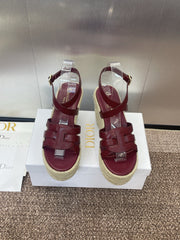 D-CLUB 25S HIGH HEEL WEDGE 100MM IN BURGUNDY RED CALFSKIN RAFFIA SOLE