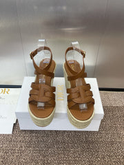 D-CLUB 25S HIGH HEEL WEDGE 100MM IN BROWN CALFSKIN RAFFIA SOLE