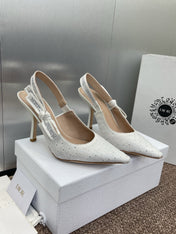 J'ADIOR SLINGBACK 25S PUMP 95MM IN WHITE FABRIC EMBOSSED CRYSTAL