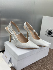 J'ADIOR SLINGBACK 25S PUMP 95MM IN WHITE FABRIC EMBOSSED CRYSTAL